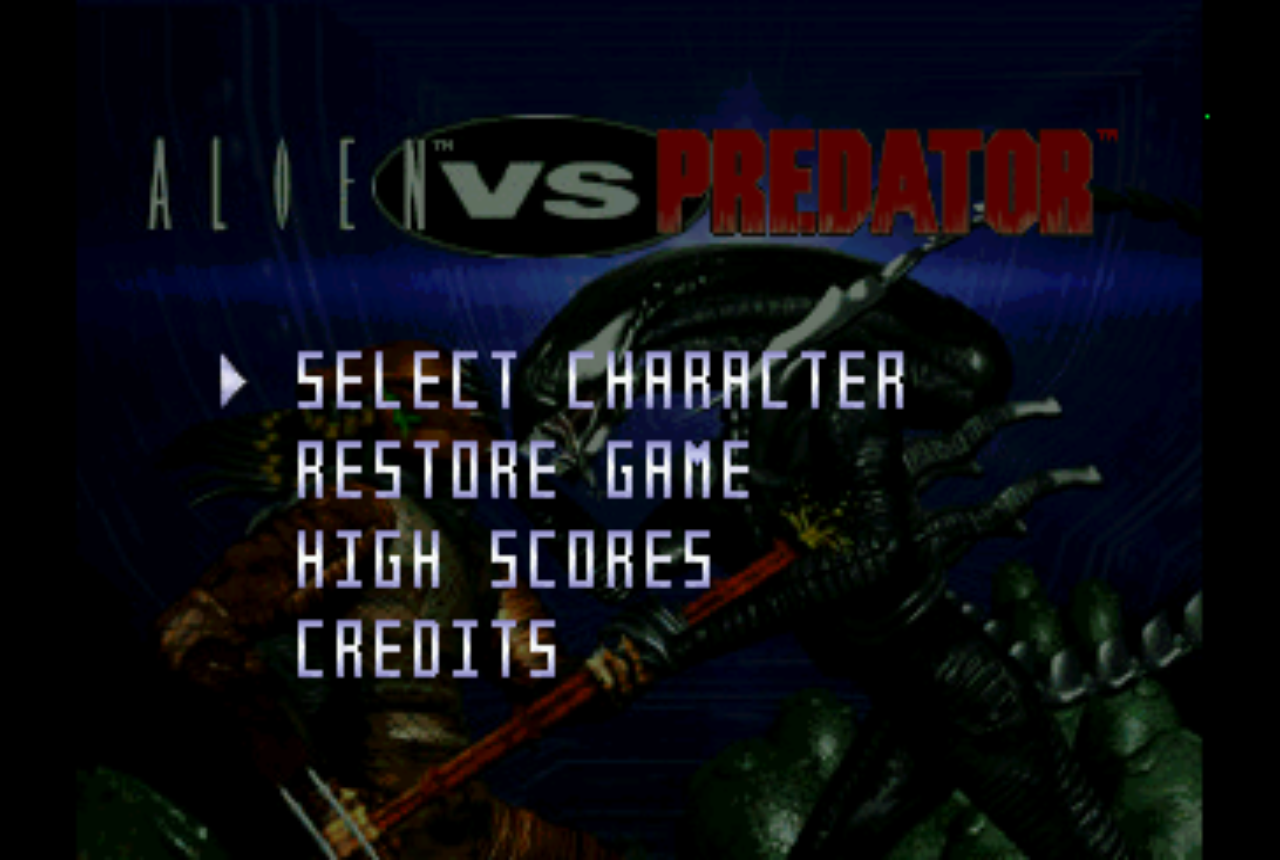 The Alien vs Predator main menu (Select Character, Restore Game, High Scores, Credits) drawn sharp at its 4:3 shape inside the app window, with black bars at the sides.