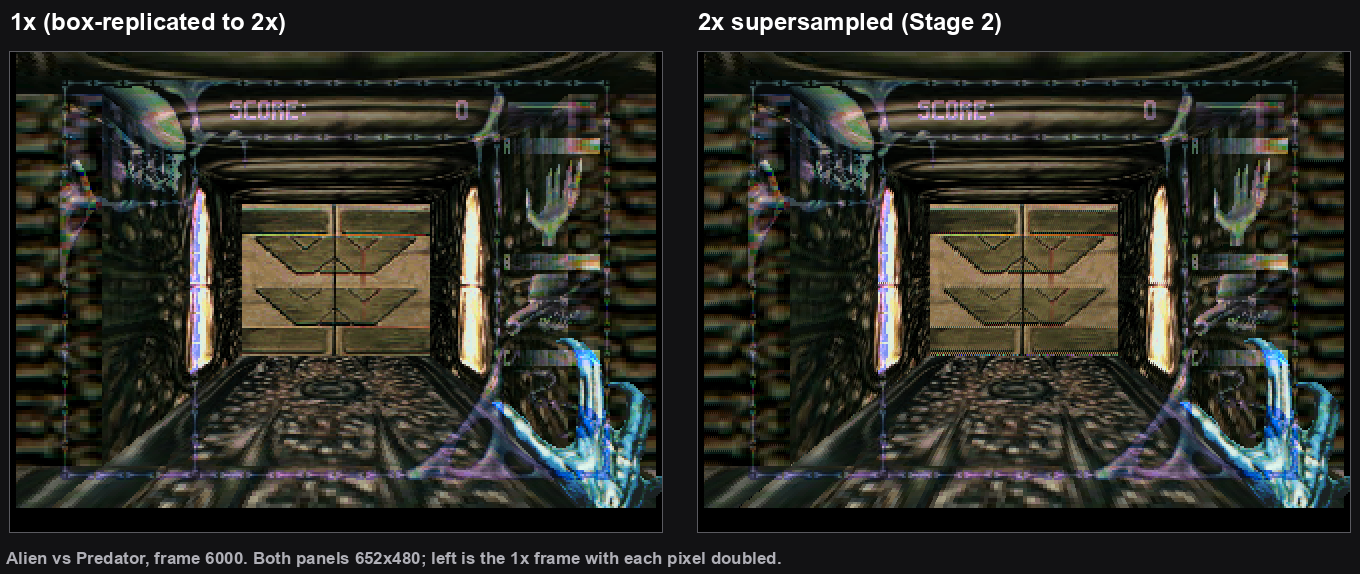 Alien vs Predator frame 6000, two panels side by side: left is the 1x frame with every pixel doubled, right is the same frame at 2x internal resolution. Both show an Alien's claw in a textured corridor facing a chevron-panelled door; the panels differ only in fine texture detail.