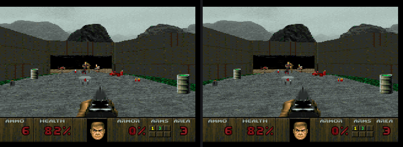 JagDoomEX demo frame: left is the 1x frame pixel-doubled, right the same frame at 2x internal resolution with true color.