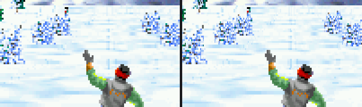 Magnified 3x crop of the course ahead of the snowboarder. The tree clusters in the 2x panel resolve branch-level structure where the 1x panel shows flat 2x2 blocks.