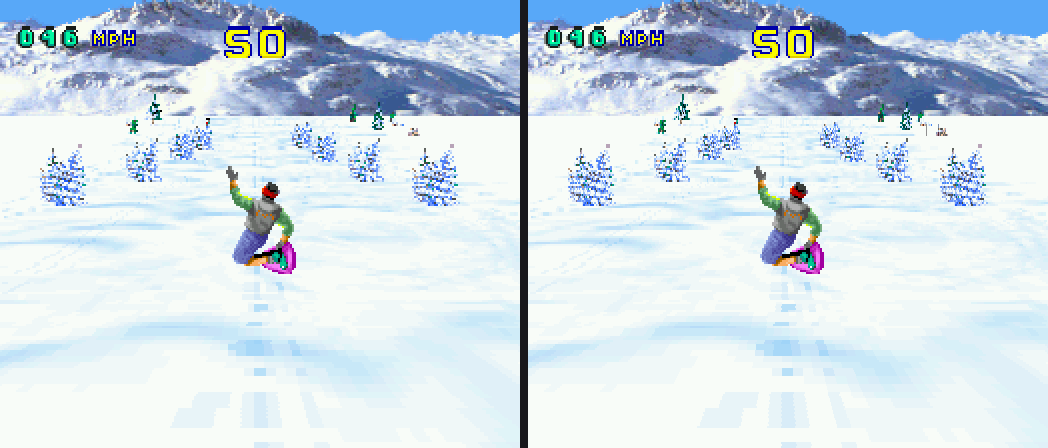 Val d'Isere Skiing and Snowboarding, downhill run: left is the 1x frame pixel-doubled, right is the same frame at 2x internal resolution. The snowboarder, trees and course furniture carry finer edges on the right.