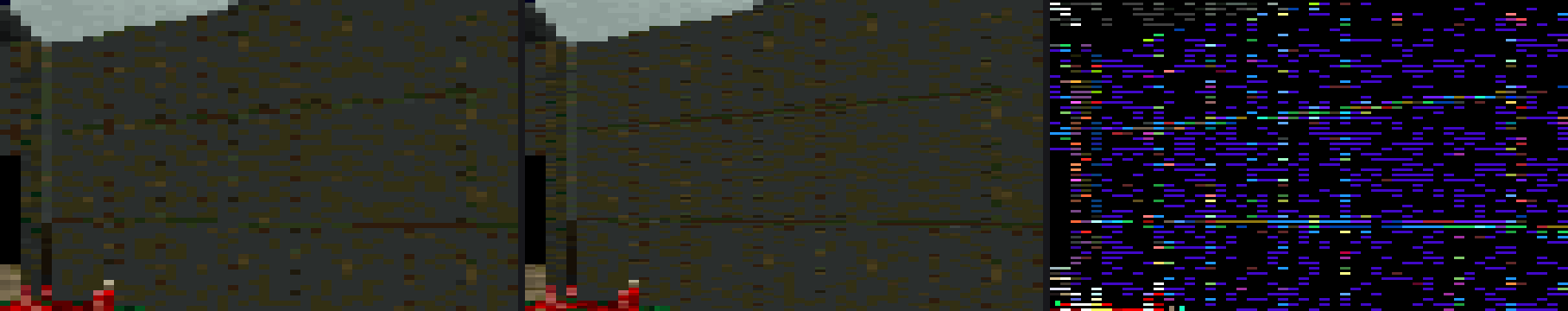Three panels of a wall crop magnified 3x: 1x, 2x, and the difference amplified 8 times showing dense horizontal runs of recovered texels across the wall texture.