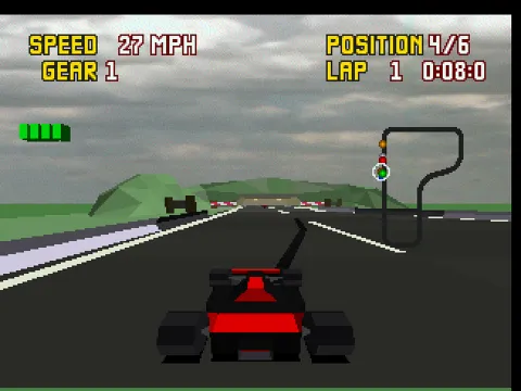 Checkered Flag: A red open-wheel car, fourth of six on lap 1