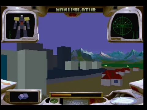 Iron Soldier: The Manipulator mech cockpit over city blocks and snowy mountains