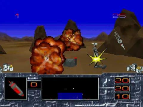 Missile Command 3D: Two fireballs and an impact flash over a desert base, a missile coming down