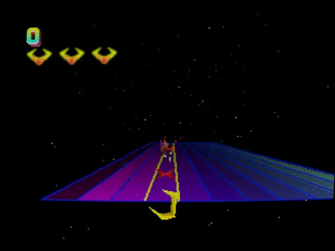Tempest 2000: The claw at the rim of a flat lane web, flippers climbing toward it