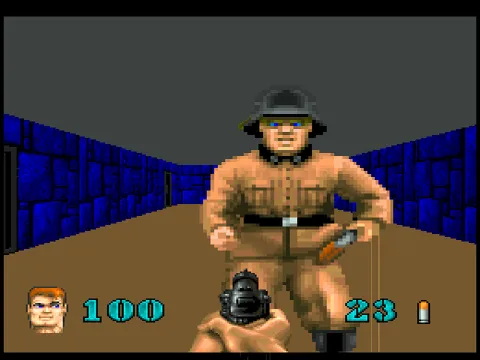 Wolfenstein 3D: A guard in a blue-stone corridor; 100 health, 23 ammo