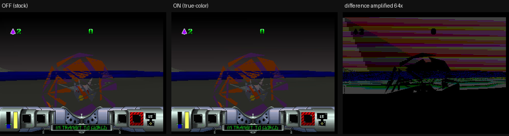 Three-panel comparison: stock frame, true-color frame, and a difference map amplified 64 times showing shading refinement across polygon surfaces